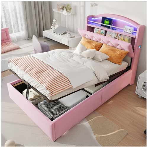 Wyibwy Letto imbottito per bambini,90x200cm,3 USB+C,illuminazione a LED,contenitore idraulico,contenitore e tasche laterali,letto multifunzionale,letto singolo,velluto,senza materasso,Rosa