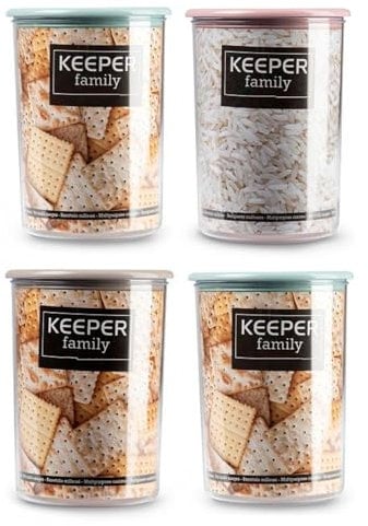 Acan Tradineur - Pack de 4 Botes de plástico Reutilizables, Modelo Keeper, recipientes, almacenaje, Galletas, legumbres, Cereales, café, Fabricados en España - 1 litro - 15 x 11 cm - Color Aleatorio