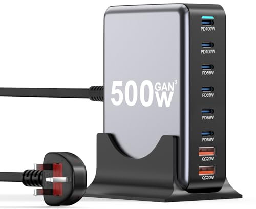 Suoxiom 500W USB C Charger Station- 8 Port GaN III Safe USB Multi Charger, Portable Travel Fast Charger Block with PD 100W Laptop Charger/20W QC, Compatible with MacBook Pro/Air, i-Phone 16/15, i-Pads