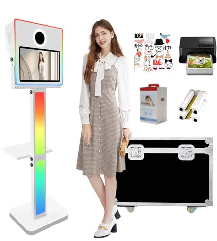 Cabine Photo Portable pour Selfies de 15,6 Pouces avec écran Tactile DSLR avec Housse de vol et lumière RVB pour fête de Mariage (Blanc, Cabine Photo + imprimante)