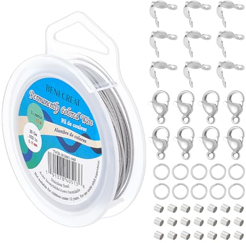 BENECREAT 10 m 7 Strängiger Edelstahl Perlendraht Mit 200 Biegering 200 Stück Quetschperlen 100 Stück Perlenspitzen Und 20 Stück Karabinerverschlüsse Für Die DIY Schmuckherstellung 0.8mm