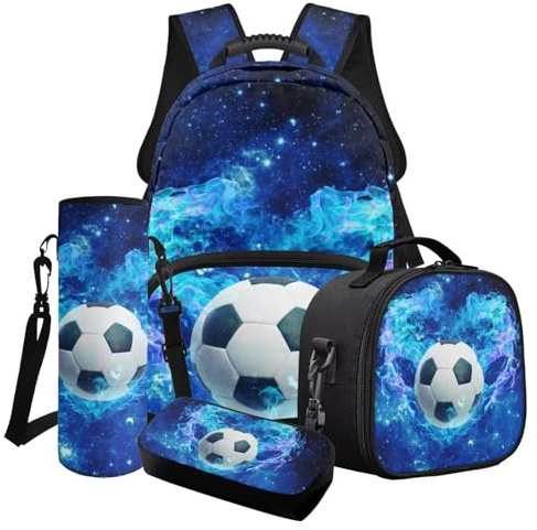 Poceacles Ensemble sac à dos pour garçons pour l'école, les voyages, sac à déjeuner isotherme, trousse à crayons, sac à bouteille d'eau pour adolescents et enfants, Ballon de football galaxie flamme