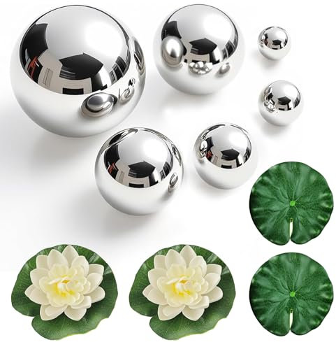 SHOWHEEL 6er Set Dekokugel Schwimmkugeln Gartenkugel Silber rostfrei Edelstahl mit 4 Schwimmend Lotusblätter,Schwimmende Blumen, für Miniteich/Gartenteich Teichkugeln