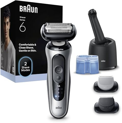 Braun Rasoir Electrique Homme Series 6 62-S7650CC Argent, Etanche, Lames Flexibles Pour Raser Doucement La Barbe et Le Visage, 2 Modes De Rasage, Tondeuse Pour Le Corps, Coffret Station De Nettoyage