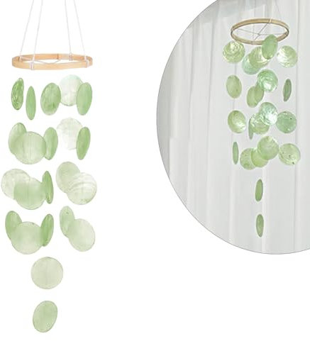 LUMOOM Muschel Windspiele, Boho Deko Muschel Traumfänger Girlanden, Einzigartiger Herrlicher Klang, Windspiel Garten Hängend Deko für Terrasse Rasen Garten, Kreis (Grün)