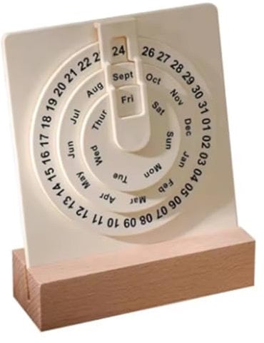 Knoruley Tischkalender, Kleiner Drehbarer Tischkalender mit Holzsockel, Monats-/Wochen-/Tagesanzeige, Radkalender