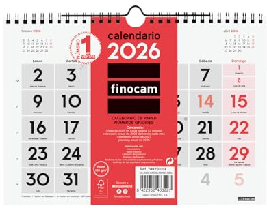 Finocam Wandkalender mit großen Zahlen 2026, Monatsansicht, Januar – Dezember (12 Monate), Kalender 2026, neutraler Monatsplaner – Spanisch