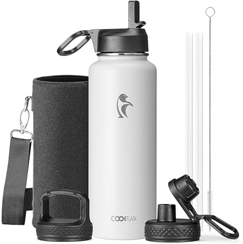 Coolflask Water Bottle 40 oz Insulated with Straw, Stainless Steel Metal 3 Lids Water Flask for Sports or Office, Keep Cold 48H Hot 24H, White