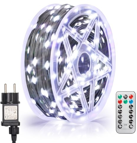 LED Lichterkette Außen 60M 600 LED Kaltes Weiß, Timer & Fernbedienung | 8 Lichtmodi, 4 Helligkeitsstufen und 3 Timerfunktionen – ideal für Weihnachten, Hochzeiten, Partys, Garten & Balkon
