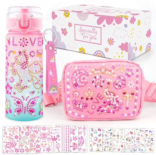 Youerls Geschenk Mädchen 4 5 6 7 8 9 10 11 12 Jahre, Schulanfang Geschenke für Mädchen DIY Trinkflasche und Umhängetasche, Bastelset Kinder Selbst Gestalten Trinkflasche Tasche mit Edelstein & Aufkleb