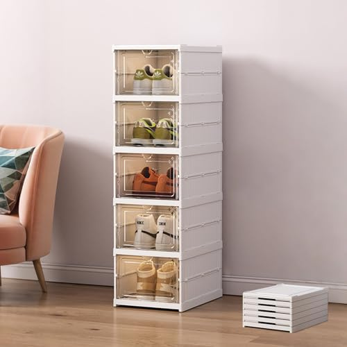 Zapatero plegable de 5 capas con puerta transparente, resistente y apilable de plástico multicapa para armario y entrada, no requiere montaje, solución de almacenamiento que ahorra espacio