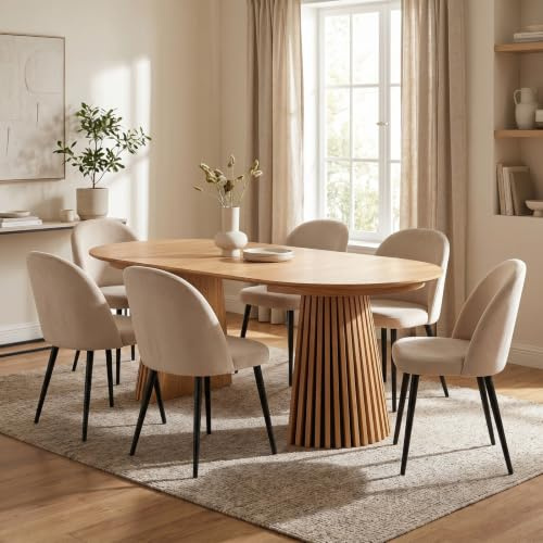 Esstisch oval ausziehbar - Essgruppe Tokyo 7-teilig für 6 Personen Natur 120x120-160/200 cm Tisch mit 6 beigen Velours Stühlen Esszimmergruppe Speisegruppe Wohnküche Esszimmermöbel Essplatzmöbel