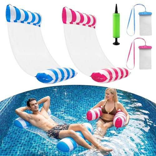 2PCS Luftmatratze Pool mit Netz Erwachsene, Wasserhängematte mit Netz | Luftpumpe, wasserdichte Handyhülle, Hängematte Wasser Pool Matratze Erwachsene Kinder für Pool Schwimmbad Strand