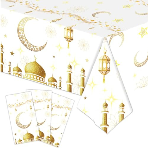 Bubaxuce 3 Teile Ramadan Tischdecke, Ramadan Mubarak Tischdekorationen, Ramadan Deko Tischüberzüge für Zuhause – Eid Mubarak (Weiß)