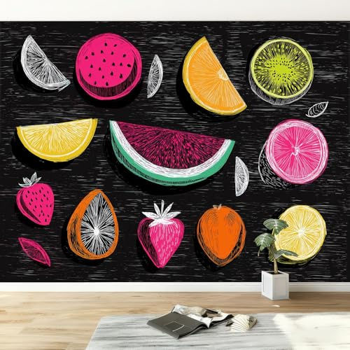 Papier Peint Panoramique XXL Géométrique Fruits Fraise Pastèque Rayures - Fresque Murale Intissée HD Noir 400L x 280H cm avec Effet Trompe-l'œil 3D, Revêtement Mural Premium pour Salon & Chambre