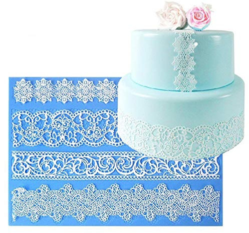 Tamaño Grande Europeo Cuatro Forma Flor Colecciones Borde de Encaje Molde Pastel Fondant Silicona Felpudo Decoración Tartas Herramienta para Hornear Cocina Fuente Horno Accesorio - 39.5x27.3cm