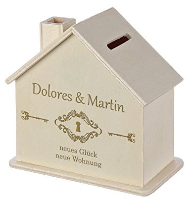 polar-effekt Spardose Haus mit Gravur - Sparbüchse aus Holz - Geldgeschenk & Geschenk zum Einzug, Geburtstage - Personalisierte Sparbüchse - Motiv Neue Wohnung