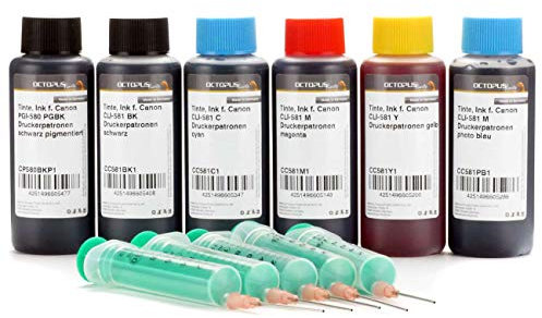 Octopus 6X 100 ml Druckertinte kompatibel für Canon PGI-580, CLI-581 Druckerpatronen für Canon Pixma TS 8120, TS 8126, TS 8150, TS 8151, TS 8152, TS 9120, TS 9150, TS 9155 (kein OEM)