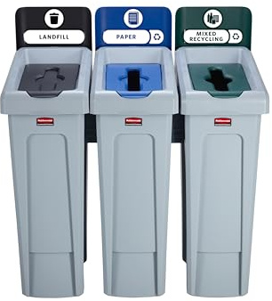 Rubbermaid Commercial Products Slim Jim Recyclingstation 3-fach Set Grau Deponie/Papier/Gemischtes Recycling – Modulares Abfalltrennsystem mit Farbcode & Belüftungskanälen – 2057606