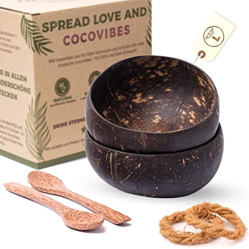 cocovibes Kokosnuss Bowls - 2er Set Müslischalen, Smoothie Kokosnuss Schalen mit Anti-Kipp-Ring & Holzlöffel – nachhaltige Dessert & Buddha-Schalen (CLASSIC-2)