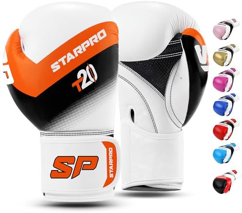 Starpro T20 Guantes de Boxeo de Cuero de PU para Entrenamiento y Sparring en Muay Thai Kickboxing Fitness - Hombres y Mujeres - Múltiples Colores - 8oz 10 oz 12 oz 14 oz 16 oz