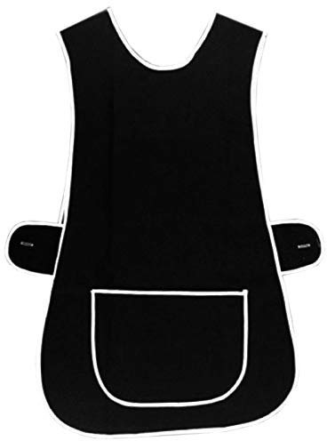 MyShoeStore Pack of 2 Womens Tabard Ladies Home Work Kitchen Cleaning Chef Catering Cleaners Workwear Poly Cotton Overall White Piping Edge Tabbard Apron Large Pocket Side Button Fastening (Black,OS)