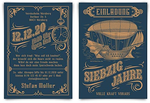 Kartenmachen.de 10 x Individuelle 70. Geburtstag Einladungskarten DIN A6 (148x105mm) - Steampunk