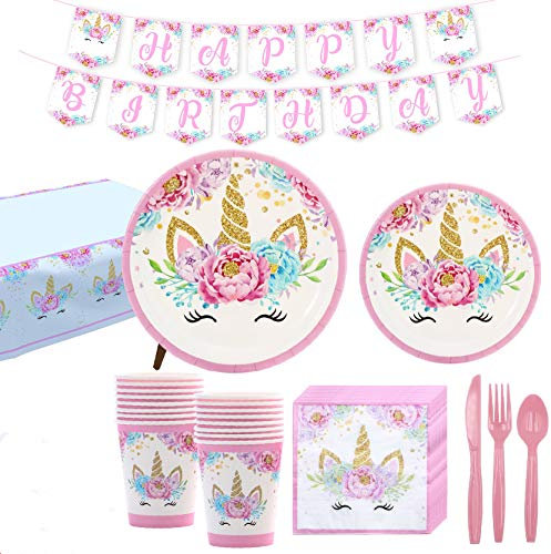 Ototon - Set di 12 stoviglie usa e getta a forma di unicorno, piatto, cucchiaio, tovagliolo di carta, bicchiere, tovaglia per compleanno e feste