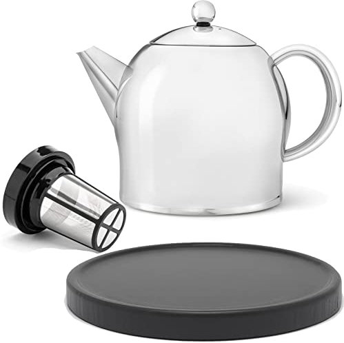 große glänzende doppelwandige Edelstahl Teekanne 1.4 Liter & schwarzer Untersetzer aus Holz & Edelstahl Tee-Filter-Sieb-Aufsatz für losen Tee oder Teebeutel