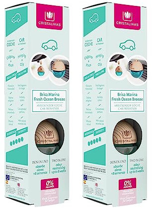 CRISTALINAS | Pack 2 Ambientadores Esfera para Coche| Aroma a Brisa Marina | 100% Puro | Absorbe los Malos Olores de tu Vehículo con un agradable Aroma | Larga Duración 8 Semanas | 6 ml | 0% Alcohol