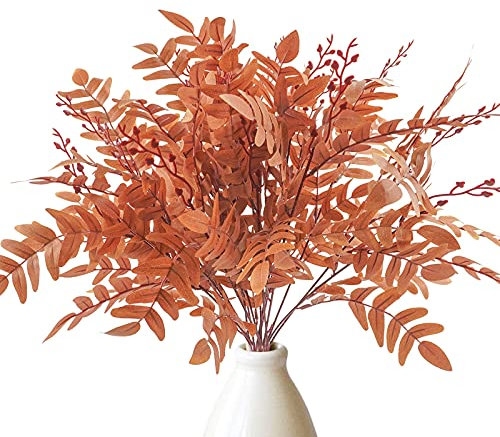 Phliofd 3 künstliche grüne Stiele künstliche Farn-Pflanzen für den Außenbereich, 54.9 cm, Herbstblätter, Sträucher für Zuhause, hohe Vase, Hochzeitsarrangements, Garten, Tischdekoration, Orange