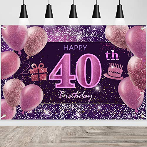 IMISI 40th Birthday Decorations - Happy Birthday Banner, Pink Backdrop for Party