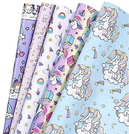 5 Stück Regenbogen Einhorn Geschenkpapier,Geburtstags Geschenkpapier, buntes Geschenkpapier, Geburtstag Geschenk Verpackung Bunte Papier Blätter Kinder Geschenkpapier für Ostern Kindertag Hochzeit