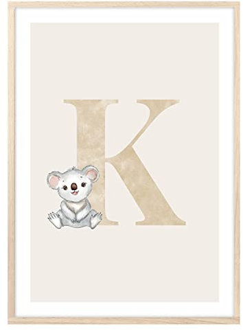 MeinBaby123® Buchstaben Poster DIN A4 Kinderzimmer Mädchen und Junge | Babyzimmer Deko | Bilder Kinderzimmer | Geschenkideen zur Geburt | Anfangsbuchstabe K (süßer Koala)