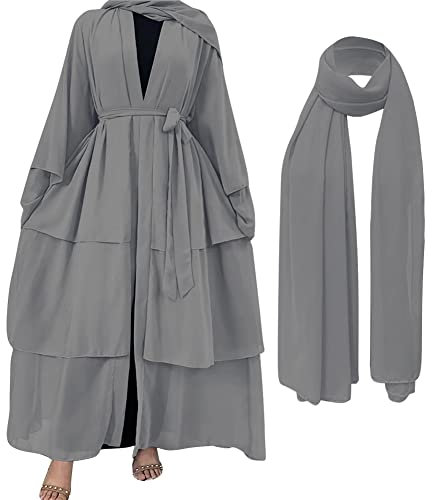 OBEEII Damen Kaftan Kleid Frauen Muslim Abaya Langes Kleid Langarm-Cardigan Strickjacke mit Hijab Kaftan Islamische Maxikleider Muslimisches Kleid Kaftan für Ethnische Abend Party Hhellgrau M