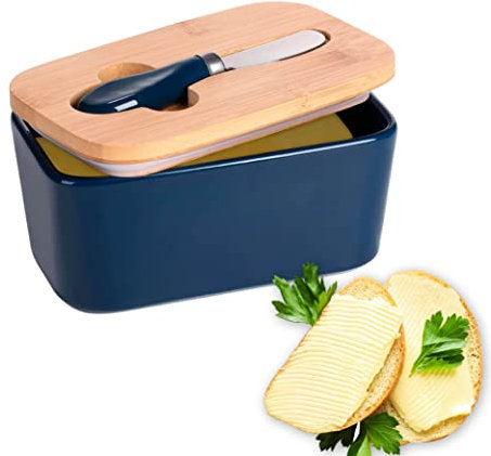 Xabono Butter Dish With Lid Blue Large Preserve the Freshness - Storage Bamboo Knife Attractive Ceramic and Knife, 4.5''x6.1''x2.8'' (BDB)