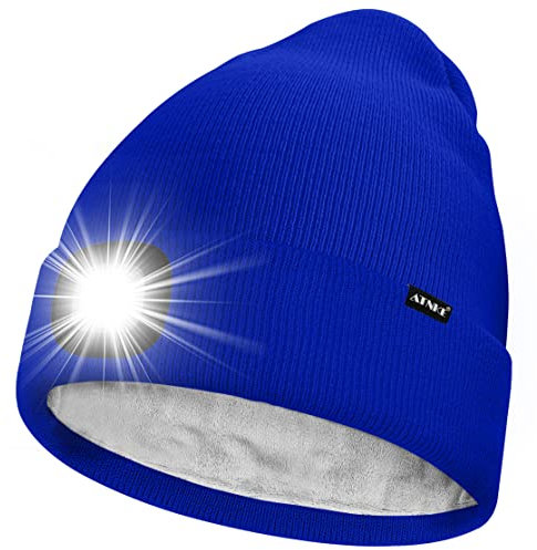 ATNKE LED Mütze mit Licht,Wiederaufladbare USB 4 LED Beleuchtete Laufmütze Extrem Heller Lampe Winter Warme Gefüttertes Fleece Stricken Mütze für Herren und Damen Geschenke/Blue