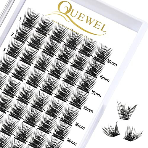QUEWEL Wimpern Einzeln Einzelne Wimpern Cluster Lashes natürliche Matte Mega D Curl 16mm Wimpern Segmente Breit Fundament Individuelle Wimpern für Augen Makeup DIY Wimpernverlängerung(Fluffy-D-16)