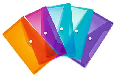 HERMA 20037 Dokumententaschen DIN lang transparent bunt, 5 Stück, kleine Sichttaschen Umschläge mit Druckknopf, Briefumschläge aus Plastik für Schule, Reise, orange, pink, hellblau, türkis, violett