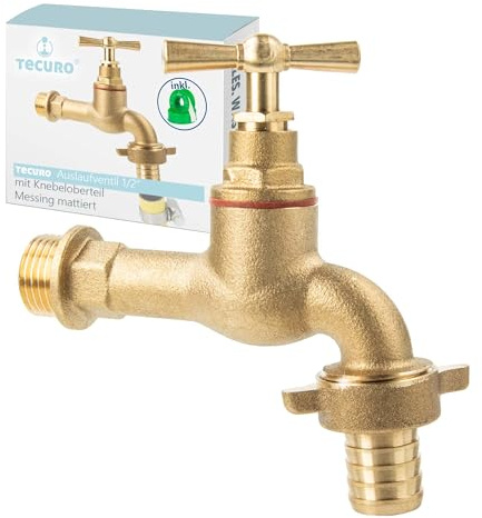 tecuro Auslaufventil 1/2 Zoll, Knebeloberteil, Schlauchtülle, Dichtband - Messing mattiert - 22717-SD