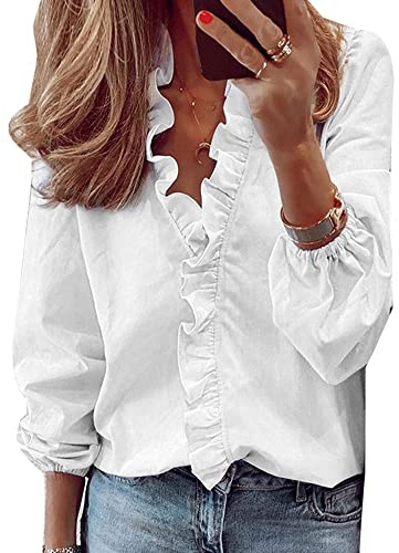 QKEPCY Damen Oberteile V Ausschnitt Damen Bluse Elegant Rüschen Laternenärmel Chiffon Bluse Lässige Elegant Lose Einfarbig Shirt Tunika Tops Klassischer Schnitt (Weiß M)