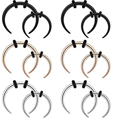Longbeauty 14G Edelstahl Halbmond Pincher Septum Ringe C Form Buffalo Stretcher Hufeisen Nasenpiercing Ohrring Tapers Set, 10mm/12mm Innendurchmesser, 12 Pcs