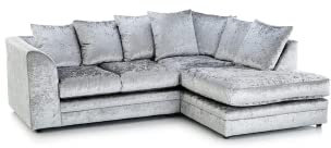 Luxury Life Dylan Jumbo Cord and Crushed Velvet Fabric Sofa Set (Silver Crushed Velvet, Right Hand Corner)