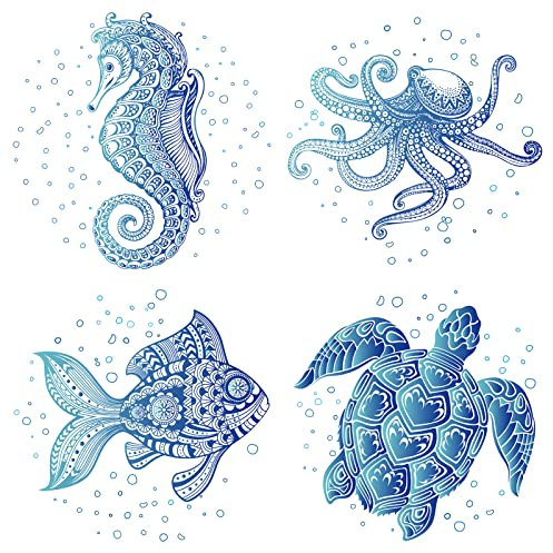 GORGECRAFT 4St 6.3 Zoll Meerestier-FenStraufkleber Statisch Wasserdicht Meeresschildkröte Seepferdchen Oktopus Seefisch Ozeanfolie Für Schlafzimmer Badezimmer Verhindert Vogelangriffe Heimdekoration