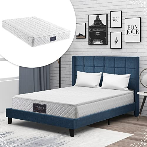 Whoiy Bett mit Matratze, Double Bed with Mattress 140X200cm Blau Gepolstertes Leinenbett mit Holz Lamellen Jugendbett