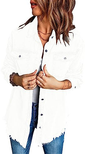 luvamia Veste en jean surdimensionnée à manches longues avec ourlet effiloché et boutonnée pour femme, blanc éclatant, M