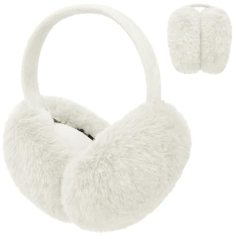 Justay Comf Faltbare Ohrenschützer Frauen Weiche Thermische Flauschige Kunstpelz Ohrenwärmer Ohrenschützer Kopfbedeckung Zubehör Schutz vor Wind Damen Geschenk für Winter Outdoor Weihnachten,Weiß