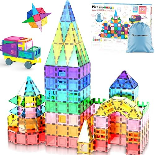 PicassoTiles Magnetische Bausteine mit Autosockel, Kordelzug, Tragetasche zur Spielzeugaufbewahrung, magnetisierter Block für Kinder, Magnetspielzeugset STEM, ab 3 Jahren, PC101, 101-teilig