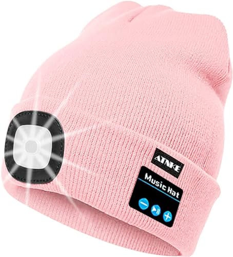 ATNKE LED beleuchtete Bluetooth Beanie Kappe, wiederaufladbare USB-Musikalische Laufmütze mit extrem hellem 4 LED Licht wasserdichte Lampe für das Skifahren/Light Pink