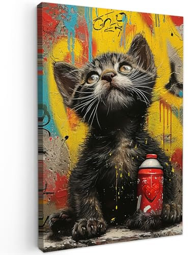 MuchoWow© Impression sur Toile Decoration Murale Peinture 60x90 cm Tableaux Decoratifs Muraux Décoration Chambre Graffiti - Chaton - Street art - Chat - Banksy